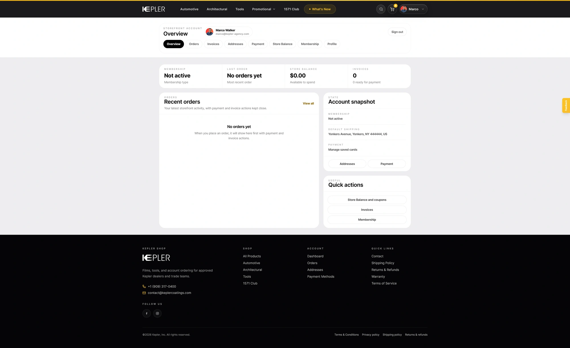 Kontrolni panel naloga Kepler Shop