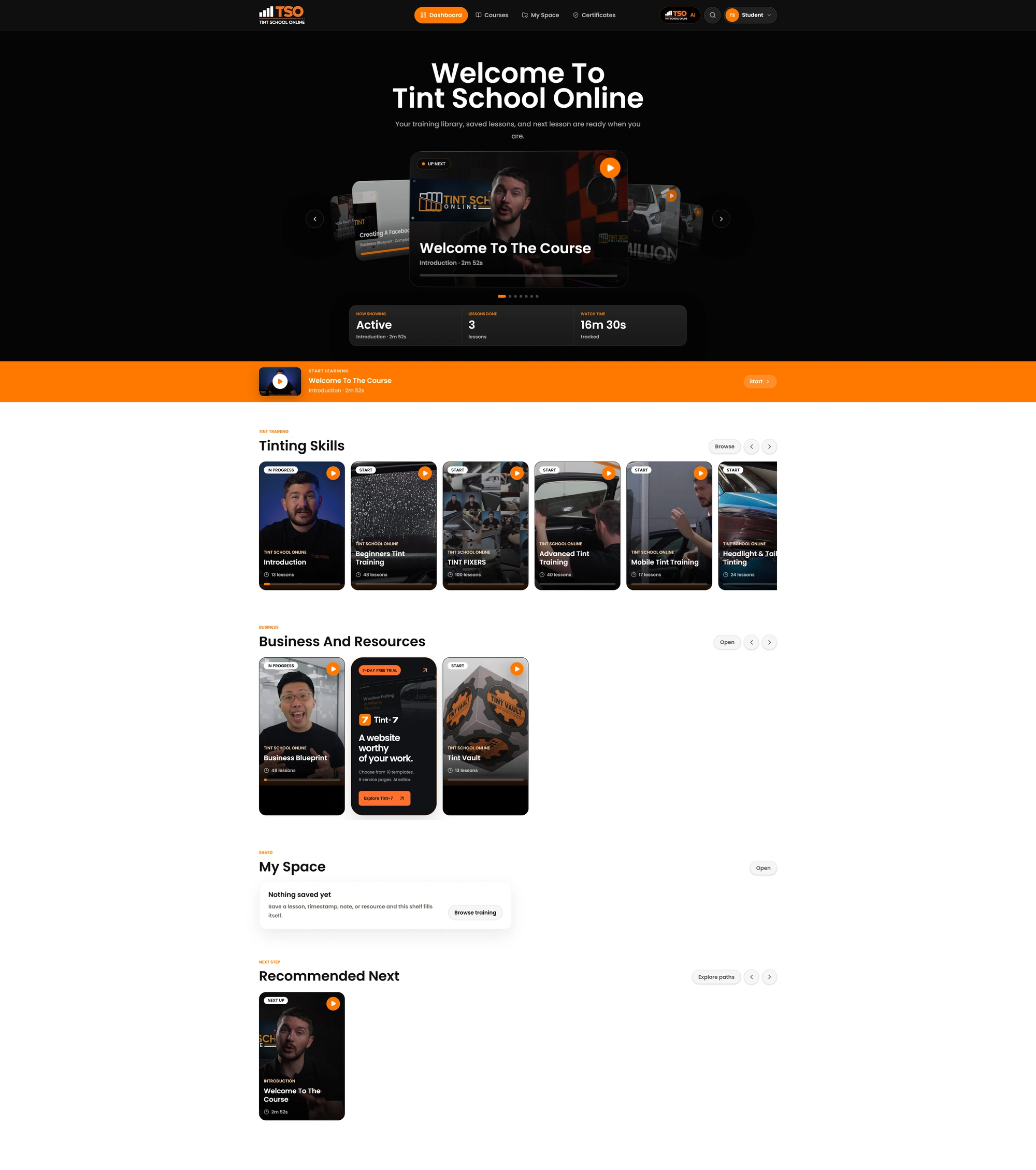 Dobrodošlica i prikaz kurseva na platformi Tint School Online